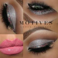 ~silver glitter eye makeup with cut crease and pink lips