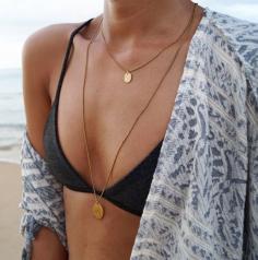 bikini top, kimono, necklace.
