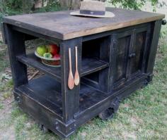 Distressed Black Modern Rustic Kitchen Island Cart with Walnut Stained Top