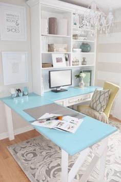 Home office - color for the tabletop, love the art saying about books & shoes, doesn't take much space to have a cute little office! home office ideas, home office design