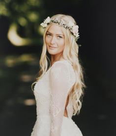 French flower crown bride in a backless dress