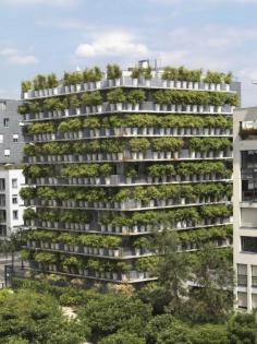 When the plants overtake downtown Atonement.   [Flower Tower, Paris.  “A box full of ordinary apartments with terraces surrounded by flower pots. A very literal green building” - New York Magazine]
