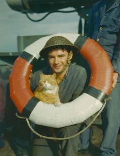 1944 - A US Marine posing with Sandy the cat, acting mascot of a Sea Fort in the Thames Estuary during World War Two, October 1944.- Orange tabby cat