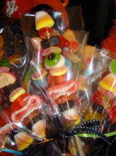 Halloween Candy Monster Kabobs for Party Favors ... this SOOOOOO reminds me of that Cher movie "Mermaids" when she was making candy kabobs!