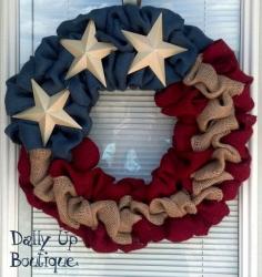 4th of July Burlap Wreath - Natural, red, and Blue Burlap Wreath, Rustic Wreath, Patriotic, Flag Wreath , Independence Day