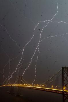 Lightning Strike, Bay Bridge, San Francisco-- we'll remind me not to drive across the bridge in the next lightning storm...