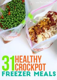 
                    
                        31 Healthy Crockpot Freezer Meals. Simply combine the ingredients in a gallon-sized bag and freeze.  I've tried all of these recipes and they're healthy and delicious!
                    
                