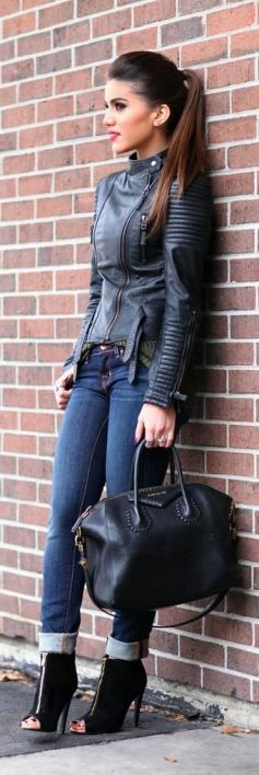 Fall  Winter - street chic style - cropped skinnies + black leather jacket + black handbag + black toeless heeled boothies.