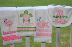 
                    
                        I wanna learn how to make these!!!!    Personalized Baby Girl Set 4 piece set bib and burp clothes Monogrammed Shower Gift. $26.00, via Etsy.
                    
                