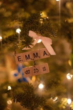 Cute idea with  Scrabble tiles.    DIY Ideas for making your baby’s first Christmas ornament #BabyCenterBlog