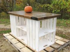 Kitchen Island or craft table, made from upcycled recycled wooden crates. Nice idea for a craft room.