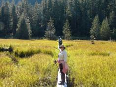 (PIN TO ADVENTURE TRAVEL) Donna Hull hiking on Three Lakes Loop Trail in Southeast Alaska