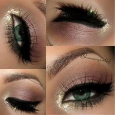 Glimmery neutral eye makeup.