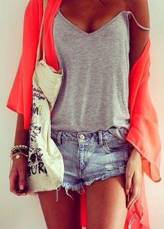 loose gray tank top, cutoff denim shorts, sheer coral kimono. boho, travel, casual, comfy, simple, party, bright, swim, beach, hangout, weekend, college, kickback, lounge, summer outfit.