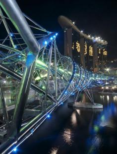 DNA Bridge, Singapore | The Helix Bridge (Design looks similar to DNA molecules), previously known as the Double Helix Bridge, is a pedestrian bridge linking Marina Centre with Marina South in the Marina Bay area in Singapore