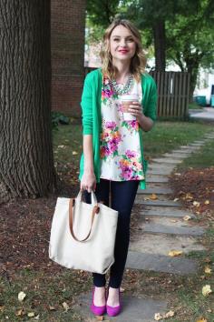 Photo shoot style. Floral top with cardi or jacket.