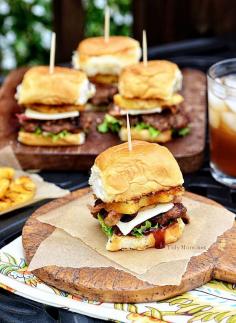 Aloha BBQ Sliders - Burgers, Brown Sugar BBQ Sauce, Hawaiian Rolls, Pineapple, Swiss, Bacon and Lettuce