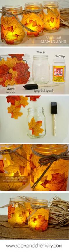 DIY Leaf Mason Jars. ♥ - Anna Things and Thoughts. Maple leaves for Canada :) Check available dates for your next event at Balcones Country Club! 512-258-1621 #CelebrationExperts #Weddings #Reception #WeddingShower #Austin #Wedding #FallWedding #Fall #Wedding #ideas