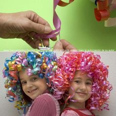 
                    
                        DIY Halloween wigs for kids. Cheaper to make with gift ribbon from dollar store.
                    
                