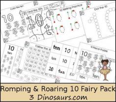 Free Romping & Roaring Number 10 Pack Set 2  - coloring pages, playdough mats, counting, tracing and more 39 pages great for ages 3 to 6 or 7 - It has a fairy theme- 3Dinsoaurs.com
