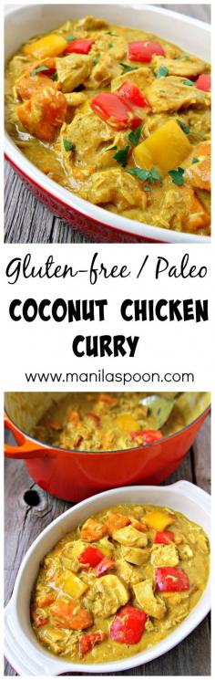 
                    
                        Gluten-free, paleo-friendly, healthy and delicious is this Filipino-style coconut chicken curry flavored with fresh ginger and other spices. We added some sweet potatoes and bell peppers for extra nutrition and yum!
                    
                