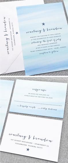 NEW Courtney Aqua Blue Watercolor Beach Save the Date and Wedding Invitation