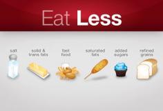 EAT LESS..  Guidelines call for most Americans to cut back on certain rich, fattening foods and ingredients. Americans get nearly 800 calories a day from just two problematic nutrients: solid fats and added sugars ("SoFAS"). We're advised to limit those, as well as fast foods, refined grains, saturated fat, and trans fats. Most people eat too much sodium (salt), which is linked to high blood pressure, a risk factor for heart and kidney disease.