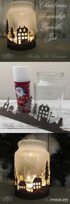 candle landscape : DIY candle jar silhouette that will look amazing when illuminated at night. **township silhouette not included** (tutorial by shabby art boutique) #Christmas crafts