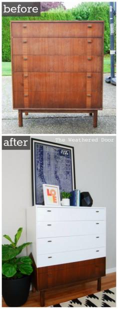 Reverse Dipped Mid Century Dresser with Angled Sides, with refinishing instructions