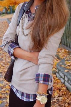 Causal Fall Attire -- blue plaid button up + light gray sweater or cardigan - love this! I actually like this... may need to get me some flannel shirts
