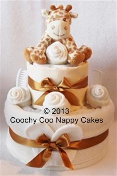 Two Tier version of the Bing Bing Giraffe Nappy cake baby gift range by Coochy Coo Nappy Cakes