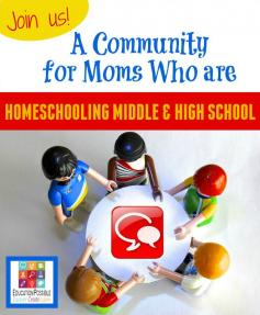 
                    
                        JOIN US!  A Community for Moms Who Are Homeschooling Middle & High School  What we need is a place for moms to talk, ask questions, and share ideas about homeschooling middle & high school!  Please join us at our Facebook Group Education Possible: Homeschooling Middle & High School and help us build a strong community for moms who are homeschooling teens!
                    
                