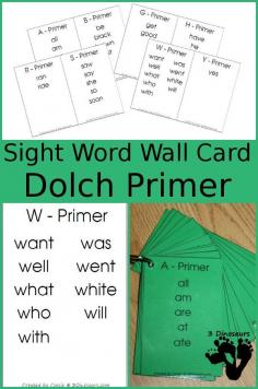 Free Dolch Primer Sight Word Wall Cards - Words sorting by letter on the wall cards. All 52 words inclucded - 3Dinosaurs.com
