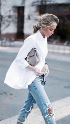 White Shirt, Ripped Jeans, Black Sandals | Classic & Modern | Spring Outfits 2015: 50 Flawless Looks