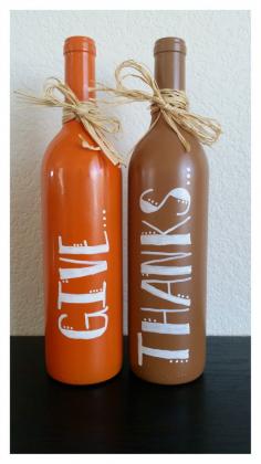 Give Thanks painted bottles for thanksgiving decor #diy