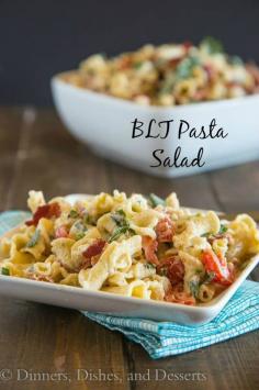 BLT Pasta Salad – Turn the classic BLT sandwich in a pasta salad with a creamy dressing.  Great for lunch, dinner, parties, potlucks, or just about anytime. | dinnersdishesanddesserts.com