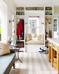 window seat with storage / kitchen nook seating | Shaker Style Cottage House Tour - Mudroom Kitchen