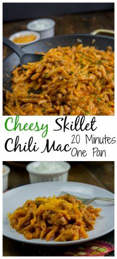 Will sub turkey for beef /Cheesy Skillet Chili Mac - Two comfort foods come together in a one skillet dinner the whole family will love. Plus it is ready in only 20 minutes!