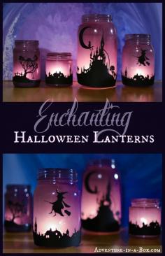 Enchanting Halloween Lanterns: Turn Mason Jars into Lanterns #craft #diy #halloween In the dark autumn evenings turn mason jars into enchanting lanterns to decorate your room for Halloween! Could be a great resident program, include electric candle.