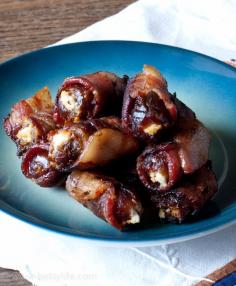 Bacon Wrapped cream Cheese Stuffed Dates. A super simple appetizer for any holiday party. | Betsylife.com