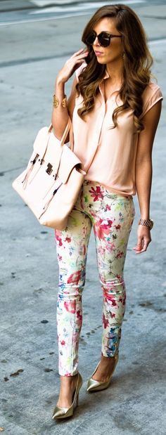 Spring Style!  Floral Pants + Neutral Top