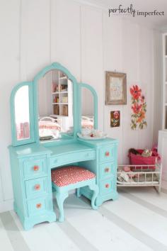 Perfect for a little girls room...  Fresh coat of paint on vanity and recovering with a fun Amy Butler coral/orange print.  | Perfectly Imperfect