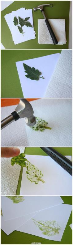 DIY Leaf print for cards: Place a fresh leaf in between a sheet of paper and a paper towel. Tap it with a hammer and it leaves the outline of the leaf.