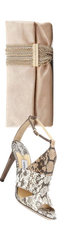 
                    
                        Jimmy Choo Timbus Watersnake Sandal and Chandra Shimmer Suede Chain Clutch Bag, Champagne
                    
                