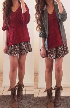 cute outfit idea. for the skirt; I have a dress that looks exactly like that, add a chunky sweater over it & makes it look like a two piece, then add a jacket. need to try this out & see if it is going to look like I'm picturing it or not.