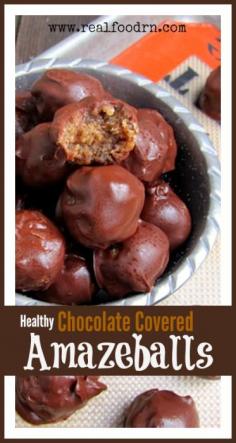 Healthy Chocolate Covered Amazeballs  Real Food RN- dates, almond butter