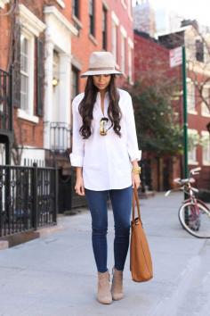 Such simple pieces; white shirt,  jeans, suede ankle boots