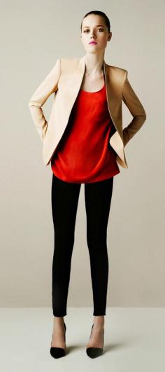 Black skinny cropped, red sleeveless blouse, khaki beige collarless blazer jacket