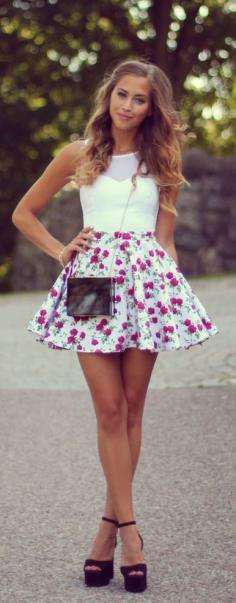 Cute round floral mini skirt with white top,  women, fashion, style, clothing, floral, handbag, black, heels, top, summer, nice