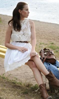 
                    
                        Fun look for Summer festivals- white lacy dress paired with brown boots and bag from Lookbook Store.
                    
                